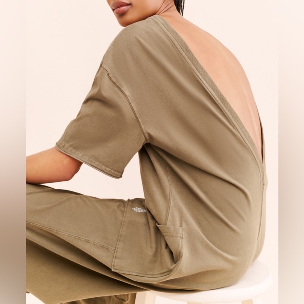 Free People Olive Green Deep V-Back Jumpsuit